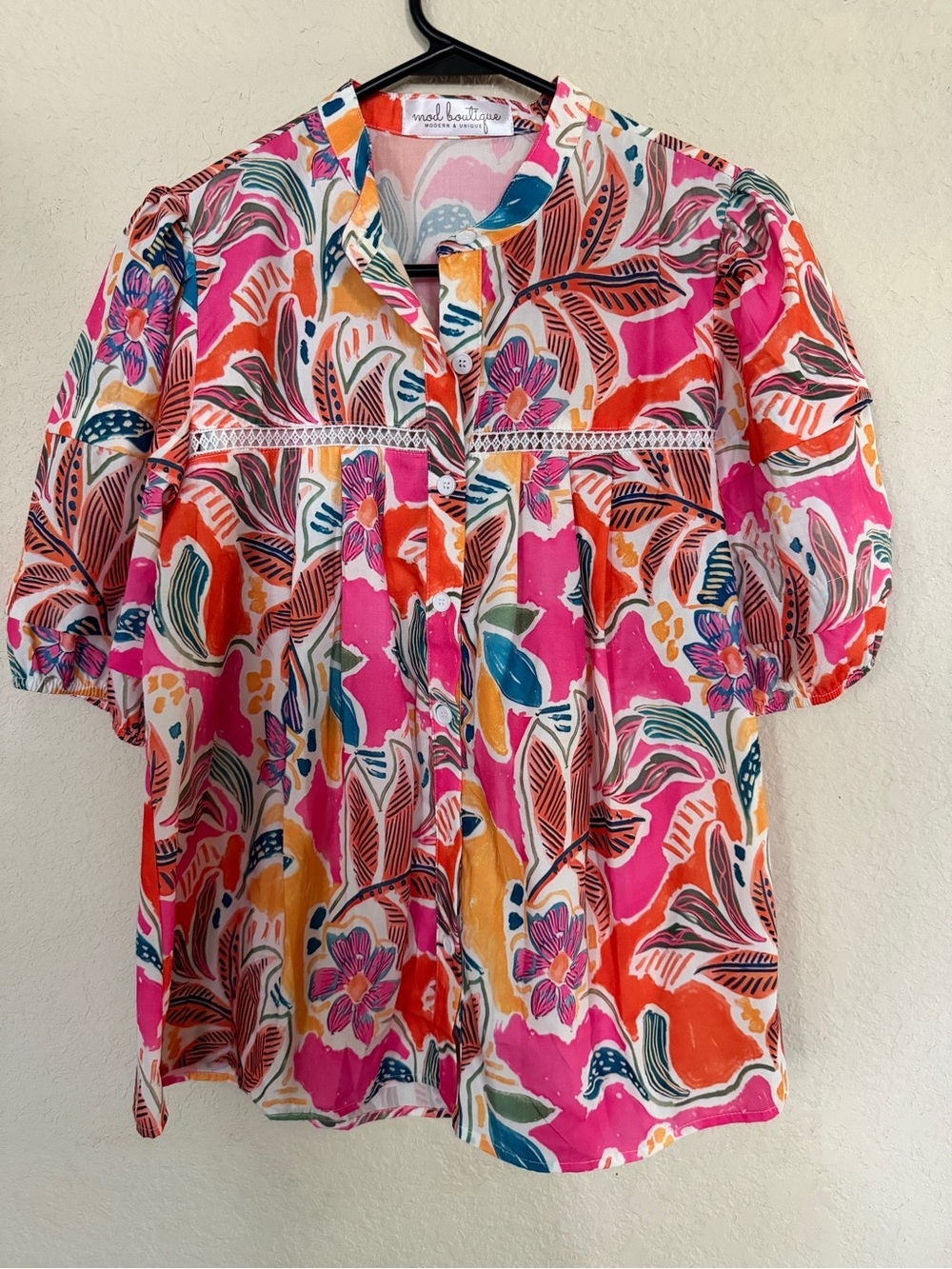Vivid Pink Floral Button-Up Blouse by Vida Boutique